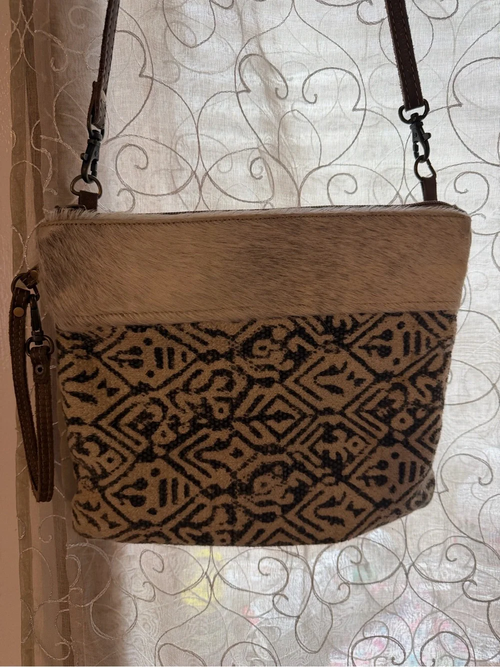 Myra Bag Black and Tan Patterned Crossbody